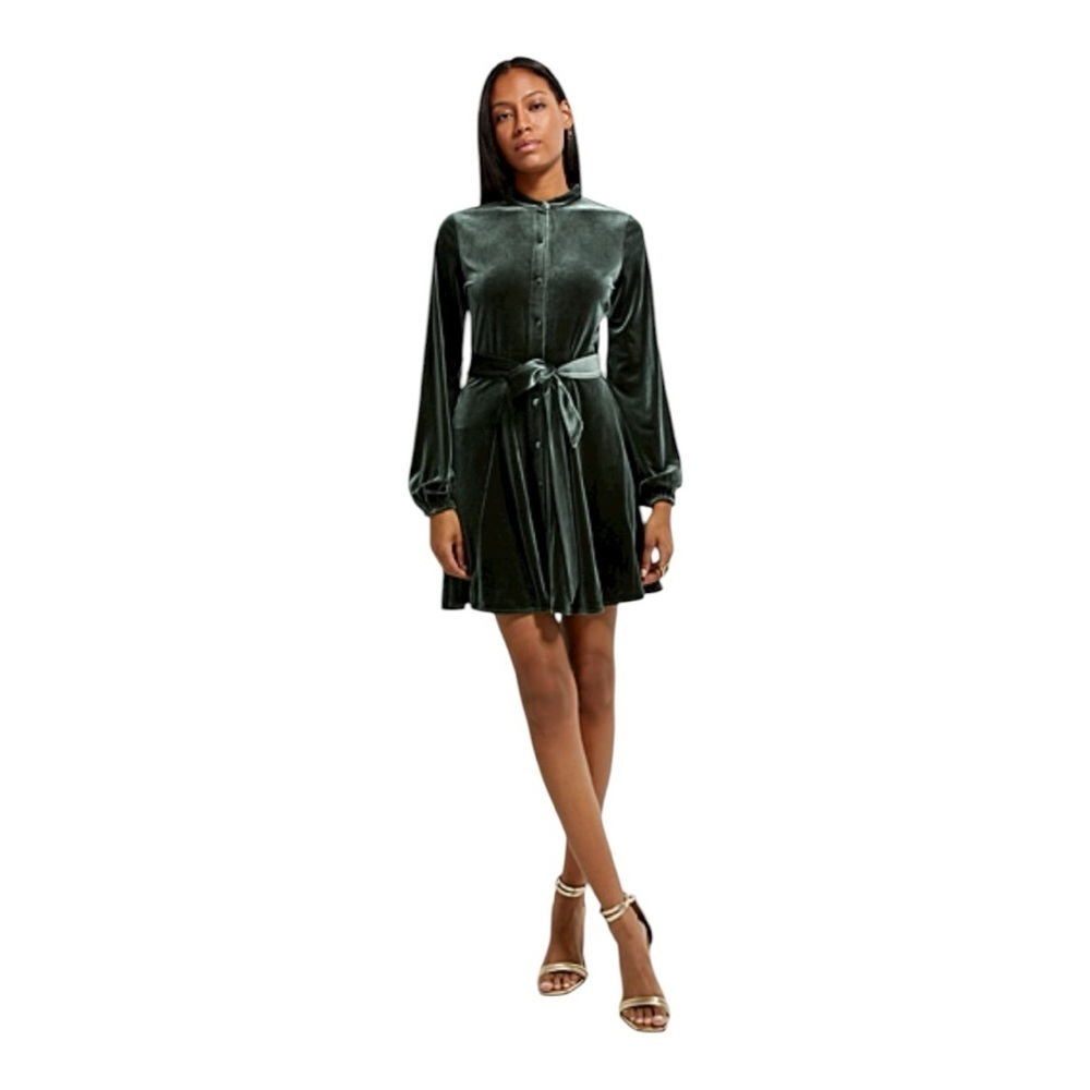 Green Velour Mini Dress With Tie Button Front Collar - Size Large